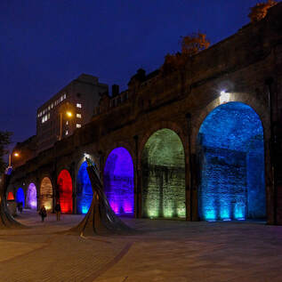 Forster Square Arches, Bradford, West Yorkshire UK Light Up Teal